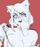  aurahack big_breasts blush breasts cat_ear clothing collar domestic_cat dominant dominant_pov dominantion felid feline felis female finger_in_mouth first_person_view flat_colors freckles humanoid mammal scari_megane_(aurahack) suggestive undressing 