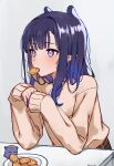  1girl alternate_costume blue_background blunt_bangs blush breasts brown_skirt brown_sweater commentary cookie eating elbow_rest food halo highres hololive hololive_english long_hair looking_at_viewer mouth_hold ninomae_ina&#039;nis orinte own_hands_together plaid plaid_skirt plate pointy_ears purple_eyes purple_hair sidelocks simple_background skirt sleeves_past_wrists small_breasts sweater table takodachi_(ninomae_ina&#039;nis) twitter_username upper_body virtual_youtuber 