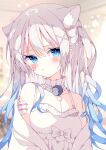  1girl animal_ear_fluff animal_ears aqua_eyes aqua_hair bandaid bandaid_on_arm bandaid_on_face bare_shoulders bell blurry blurry_background blush bow breasts collarbone commentary_request commission hair_between_eyes hair_ornament highres indie_virtual_youtuber jacket long_hair looking_at_viewer mashirone_mimiy medium_breasts neck_bell off_shoulder parted_lips shirt sidelocks skeb_commission solo suisei_1121 twintails upper_body virtual_youtuber white_bow white_hair white_jacket white_shirt x_hair_ornament 