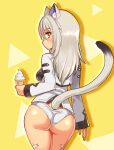  1girl animal_ears ass body_markings cat_ears cat_girl cat_tail closed_mouth commentary cougar_(cougar1404) cowboy_shot food from_behind grey_hair holding holding_food ice_cream_cone jacket light_frown long_hair long_sleeves looking_at_viewer looking_back no_pants original panties silui_(cougar_(cougar1404)) solo standing tail tan tiger_stripes underwear white_jacket white_panties yellow_background yellow_eyes 