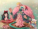  2boys 2girls aged_down animal_hood animal_print artist_name baby_5 bird black_hair blonde_hair bow closed_mouth coat dellinger_(one_piece) donquixote_doflamingo dress feather_coat feathers flamingo green_hair green_sweater hair_bow highres hood karrolinashinza_art long_hair monocle multiple_boys multiple_girls new_year one_piece open_mouth person_on_shoulder pink_coat red_bow red_dress short_hair smile sparkle star_(symbol) sugar_(one_piece) sunglasses sweater table thread turtleneck turtleneck_sweater 