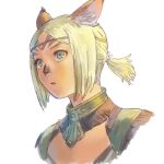  1girl adventurer_(ff11) animal_ear_fluff animal_ears blonde_hair blue_eyes cat_ears cat_girl circlet final_fantasy final_fantasy_xi mithra_(ff11) no_eyebrows parted_bangs parted_lips short_hair simple_background solo white_background yuccoshi 