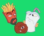 2023 adult_swim animate_inanimate aqua_teen_hunger_force cartoon_network container cup digital_drawing_(artwork) digital_media_(artwork) disgusted_face food food_creature fries frylock green_background group hi_res looking_at_another male master_shake meat meatwad mouth_closed scottforester17 simple_background trio