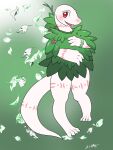  2018 3:4 4_fingers 4_toes albino anthro arm_markings bangle big_eyes big_tail biped blush claws clothed clothing crusch_lulu digital_drawing_(artwork) digital_media_(artwork) digitigrade eyelashes feet female fingers flower front_view gradient_background green_background hi_res isaaclou jewelry leaf leg_markings light lighting lizard lizardman_(overlord) long_neck long_tail looking_at_viewer markings neck_markings open_mouth open_smile overlord_(series) pink_markings pink_tongue plant pupils red_eyes reptile scalie shrub signature simple_background slit_pupils smile smiling_at_viewer snout solo standing tail_markings thick_tail thick_thighs thigh_markings toe_claws toes tongue tribal tribal_markings white_body 