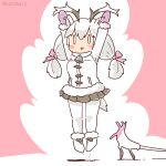  1girl animal_ears arms_up bell coat coroha deer_ears deer_girl deer_tail extra_ears full_body gloves horns jumping kemono_friends kemono_friends_3 long_hair looking_at_viewer pantyhose pink_background ribbon shoes simple_background skirt solo tail twintails white_hair white_reindeer_(kemono_friends) 