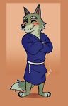absurd_res animal_crossing anthro asian_clothing blush blush_lines canid canine canis clothing crossed_arms dobie_(animal_crossing) east_asian_clothing elderly_male eyes_closed fenecoou fur green_body green_fur hi_res japanese_clothing kimono male mammal nintendo old smile solo solo_focus tenting wolf