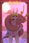  1boy 1girl 2024 absurdres alternate_form animal_ears blonde_hair blush carrot_(one_piece) commentary dragon dragon_boy dragon_horns eastern_dragon english_commentary highres horns momonosuke_(one_piece) mycrys one_piece rabbit_ears rabbit_girl short_hair smile teeth 