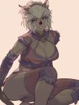  2021 absurdres adventurer_(ff11) animal_ears artist_name breasts brown_tail cat_ears cat_girl cat_tail cleavage closed_mouth dark-skinned_female dark_skin dated facial_mark final_fantasy final_fantasy_xi fringe_trim hairband highres medium_breasts mithra_(ff11) red_hairband short_hair simple_background sitting split_mouth tail whisker_markings white_background white_hair white_lips yellow_eyes yuccoshi 