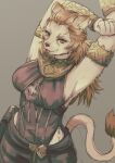  1girl animal_ears armlet armpits arms_up blonde_hair final_fantasy final_fantasy_xiv furry furry_female hanadaiteol highres hrothgar lion_ears lion_girl lion_tail long_hair simple_background slit_pupils smile stretching tail tongue tongue_out upper_body warrior_of_light_(ff14) 