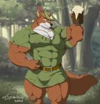 2020 alcohol anthro artist_name beer belt beverage canid canine clothed clothing disney forest fox fur hat headgear headwear hi_res male mammal multicolored_body multicolored_fur muscular muscular_anthro muscular_male plant robin_hood robin_hood_(disney) shirt solo topwear tree tunic two_tone_body two_tone_fur xxsparcoxx