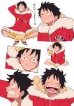  1boy black_hair blush closed_eyes coat gloves hat highres holding hrkc0otk1 male_focus monkey_d._luffy one_piece open_mouth scar scar_on_cheek scar_on_face smile straw_hat teeth winter_clothes winter_coat 