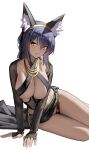  1girl 3: absurdres animal_ear_fluff animal_ears arm_support black_hair blue_archive blush breasts character_request chinese_commentary cleavage closed_mouth clothing_request collarbone commentary_request criss-cross_halter dark-skinned_female dark_skin eyes_visible_through_hair fox_ears frown hair_between_eyes hairband halterneck highres large_breasts legs_together liwen520 looking_at_viewer medium_hair simple_background sitting sleeves_past_wrists solo thighs tsurime v-shaped_eyebrows white_background yellow_eyes yellow_hairband yokozuwari 