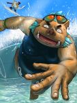 2024 anthro belly big_belly blue_body brown_body duo eyewear fish gouryou hi_res humanoid_hands kemono lifewonders male mammal marine outside overweight overweight_male q83561965 shark suid suina sunglasses surfboard surfing surprise sus_(pig) tokyo_afterschool_summoners typhon water wild_boar