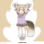  1girl animal_ears arms_up bow bowtie brown_background cardigan coroha elbow_gloves extra_ears fox_ears fox_girl fox_tail full_body gloves grey_hair jumping kemono_friends kemono_friends_3 looking_at_viewer rueppell&#039;s_fox_(kemono_friends) shirt shoes short_hair simple_background skirt solo tail thighhighs 
