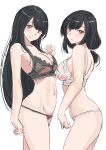  2girls absurdres black_bra black_hair black_panties bra breasts cleavage commentary_request cowboy_shot fusou_(kancolle) highres kantai_collection ken_(shutenndouji1) lace lace-trimmed_bra lace_bra lace_trim large_breasts lingerie long_hair low_ponytail medium_hair multiple_girls panties red_eyes short_hair simple_background underwear underwear_only white_background white_bra white_panties yamashiro_(kancolle) 