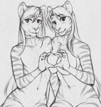 accelo anthro breast_squish breasts collar felid female gesture girly hair hand_heart long_hair male male/female mammal monochrome nude pantherine squish stripes tiger tongue tongue_out