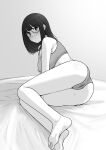  1girl absurdres ass barefoot blush bra breasts cameltoe covered_nipples glasses greyscale highres long_hair looking_at_viewer medium_hair monochrome original panties sitting solo tantanmen72 underwear underwear_only 