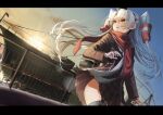  1girl absurdres amatsukaze_(kancolle) brown_dress commentary_request dress dutch_angle garter_straps gloves gradient_sky hair_tubes highres kantai_collection kotoba_suzu long_hair looking_up neckerchief red_scarf sailor_dress scarf ship single_glove sky solo sunset thighhighs two_side_up watercraft white_gloves white_hair white_neckerchief yellow_eyes 