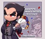  1boy 1girl belt black_belt black_coat black_eyes black_hair black_shirt blunt_bangs border bouquet closed_eyes coat collared_shirt dated grey_background grey_border grey_jacket grey_pants happy_birthday holding holding_bouquet hug jacket japanese_clothes kotorai long_sleeves mishima_kazumi_(tekken) mishima_kazuya mole mole_under_eye mother_and_son necktie no_nose one_eye_closed pants petals red_necktie scar scar_on_cheek scar_on_face shirt short_hair tekken thick_eyebrows v-shaped_eyebrows 