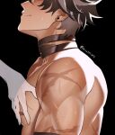  1boy bandaged_arm bandaged_neck bandages bara black_background genshin_impact grey_hair hand_on_another&#039;s_chest kiwmchee large_pectorals male_focus multicolored_hair muscular muscular_male nipples pectorals scar scar_on_arm scar_on_chest short_hair simple_background smile twitter_username two-tone_hair wriothesley_(genshin_impact) 