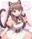  1girl :d animal_ears back_bow black_bow black_bowtie bow bowtie brown_hair cat_ears cat_tail dress fujishima_megumi hairband hand_up highres link!_like!_love_live! lolita_fashion lolita_hairband long_hair love_live! pink_dress puffy_sleeves purple_eyes short_sleeves sidelocks simple_background smile solo tail two_side_up wotakana_s wrist_cuffs 