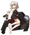  1girl amonitto an-94 an-94_(girls&#039;_frontline) an-94_(silent_rouge)_(girls&#039;_frontline) assault_rifle bare_shoulders barefoot belt black_footwear blue_eyes bracelet brown_dress dress flat_chest folded_hair girls&#039;_frontline gun hair_between_eyes high_heels holding holding_gun holding_shoes holding_weapon jewelry light_brown_hair long_hair parted_lips rifle shoes simple_background sleeveless sleeveless_dress solo weapon weapon_case white_background 