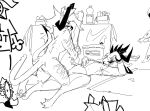 anthro canid cheek_tuft dragon facial_tuft female fur horn kneeling looking_at_another looking_at_partner lying male male/female mammal nahyon nahyon_(character) neck_tuft on_back raised_leg sex siela_(velannal) spread_legs spreading tuft