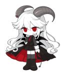  1girl black_footwear black_nails black_outline black_skirt black_vest blood blood_on_clothes blood_on_face blood_on_hands boots cape chibi chinese_commentary closed_mouth colored_skin demon demon_girl demon_horns demon_tail demon_wings expressionless funamusea grey_horns grey_socks grey_suit haiiro_teien hair_between_eyes highres horn_piercing horns long_hair multiple_wings necktie outline pointy_ears red_eyes red_tie reficul_(haiiro_teien) simple_background skirt socks solo striped striped_socks striped_suit suit tail vertical-striped_socks vertical_stripes vest white_background white_hair white_skin whiteaoi030 winged_footwear wings 