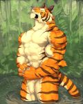 abs anthro biceps captainjohkid eyes_closed felid fur hi_res male mammal muscular muscular_male pantherine pecs raining solo striped_body striped_fur stripes tail tiger