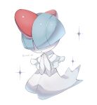  alternate_color artist_name blue_hair closed_mouth colored_skin commentary_request highres iwasi_29 own_hands_together pokemon pokemon_(creature) praying ralts shiny_pokemon simple_background sparkle twitter_username white_background white_skin 
