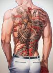  1boy ass back back_focus bara chinese_zodiac cowboy_shot dragon_tattoo head_out_of_frame highres kiryu_kazuma kuma23810 male_focus muscular muscular_male pants ryuu_ga_gotoku_(series) short_hair solo tattoo topless_male veins veiny_arms year_of_the_dragon 