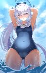  1girl arms_behind_head bare_arms bare_legs bare_shoulders blue_archive blue_halo blue_one-piece_swimsuit blush breasts cameltoe collarbone cowboy_shot day grey_hair hair_between_eyes halo highres long_hair looking_at_viewer miyako_(blue_archive) miyako_(swimsuit)_(blue_archive) one-piece_swimsuit outdoors parted_lips ponytail purple_eyes small_breasts solo swimsuit water wet wet_clothes xgarasux 