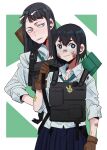  2girls alternate_costume asakusa_midori backpack bag bandages bandaid bandaid_on_arm bandaid_on_face bandaid_on_nose black_eyes black_hair blunt_bangs body_armor brown_gloves bulletproof_vest dress_shirt eizouken_ni_wa_te_wo_dasu_na! eyewear_on_head freckles frown geometric_pattern glass gloves green_background green_necktie grey_eyes hair_between_eyes highres holding_strap kanamori_sayaka leather leather_gloves light_frown load_bearing_vest long_hair loose_necktie multiple_girls necktie plate_carrier pouch rabbit_ornament rectangular_eyewear school_uniform shirt short_hair simple_background sleeves_rolled_up smile star_sticker tactical_clothes takao_(88499191) teeth untucked_shirt white_background white_shirt 