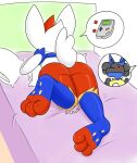 absurd_res ambiguous_gender anthro bed blue_body blue_fur blush butt cinderace duo fan_character fur furniture game_boy game_boy_family generation_4_pokemon generation_8_pokemon hi_res lucario mr_fuwa nintendo paws pokemon pokemon_(species) red_body red_fur thick_thighs white_body white_fur
