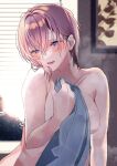  1girl absurdres backlighting blanket blue_eyes blush breasts commentary_request covering_privates go-toubun_no_hanayome hair_between_eyes hickey highres holding holding_blanket indoors large_breasts looking_at_viewer messy_hair nakano_ichika nude_cover nununu_(nununu386) open_mouth pink_hair short_hair smile solo waking_up 