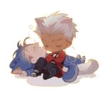  2boys absurdres animal_ears archer_(fate) cat_boy cat_ears chibi closed_eyes crossed_arms cu_chulainn_(fate) cu_chulainn_(fate/stay_night) dark_skin dog_boy dog_ears dog_tail drooling extra_ears fate/grand_order fate/stay_night fate_(series) highres long_sleeves mouth_drool multiple_boys on_ground open_mouth sitting sleeping tail tobu_0w0 