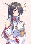  1girl arms_under_breasts asava_(hutaitenn) black_hair breasts brown_eyes cat crossed_arms detached_sleeves eyes_visible_through_hair hair_ornament hairclip haruna_(kancolle) haruna_kai_ni_(kancolle) headgear highres japanese_clothes kantai_collection large_breasts long_hair looking_at_viewer nontraditional_miko pink_background popped_collar pout ribbon-trimmed_sleeves ribbon_trim solo upper_body 