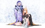  2girls black_gloves black_kimono blonde_hair bunny_ears_prank dreamoon-q gloves grey_hair hand_on_own_hip highres hololive hololive_english hololive_indonesia japanese_clothes kaela_kovalskia kaela_kovalskia_(new_year) kimono kiseru koseki_bijou koseki_bijou_(new_year) long_hair multiple_girls purple_eyes purple_kimono red_eyes sitting smoking_pipe socks v virtual_youtuber white_socks 