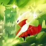 ambiguous_gender anthro arachnid arthropod cloak clothing detailed_background gem_andromeda green_background hi_res hollow_knight hollow_knight:_silksong hornet_(hollow_knight) moss nail_(weapon) plant red_cloak red_clothing scenery silk simple_background solo spider team_cherry water waterfall