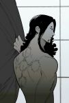  1boy 1o42a10 back back_focus closed_curtains curtains facial_hair goatee greyscale highres long_hair looking_ahead male_focus monochrome nude one_piece rob_lucci scar scar_on_back shirt solo thick_eyebrows toned toned_male tsurime upper_body window 