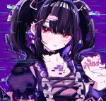  04_fujino9 1girl absurdres album_cover black_choker black_hair choker closed_mouth cover denonbu earrings glitch hair_ornament hair_ribbon hand_up highres jewelry long_hair looking_at_viewer nail_polish pink_eyes pink_ribbon puffy_short_sleeves puffy_sleeves purple_background reml ribbon short_sleeves smile solo tongue tongue_out twintails upper_body x_hair_ornament 