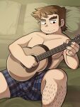  1boy bara beard_stubble boxers brown_hair bulge feet_out_of_frame forked_eyebrows guitar highres instrument jitome leg_hair long_sideburns male_focus male_underwear milo_(getingko) music on_bed playing_instrument plump scott_pilgrim_(series) scott_pilgrim_takes_off short_hair sideburns solo stephen_stills thick_eyebrows topless_male underwear 