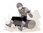  1boy alcohol armor belt blush boots bottle chilchuck_tims dungeon_meshi frown full_body gloves halfling highres holding holding_bottle kimsun_28 knee_boots leather_armor log looking_at_viewer male_focus messy_hair monochrome pants scarf shirt short_hair sitting sleeves_rolled_up solo sunlight 
