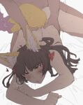  1boy 1girl ahegao all_fours animal_ear_fluff animal_ears bangs blunt_bangs blush brown_hair completely_nude doggystyle eyebrows_visible_through_hair fox_ears fox_girl fox_girl_(mdf_an) fox_tail heavy_breathing hetero long_hair mdf_an nude original sex sex_from_behind sweat tail torso_grab 