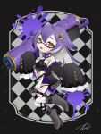 1girl black_background black_border boots border breasts checkered_background commentary commission crescent crescent_hair_ornament detached_sleeves eyelashes full_body grey_footwear hair_ornament highres inkling_girl inkling_player_character long_hair medium_breasts navel open_mouth outside_border paint_splatter pointy_ears puchiman purple_hair signature sleeves_past_fingers sleeves_past_wrists smile solo splat_roller_(splatoon) splatoon_(series) splatoon_3 star-shaped_pupils star_(symbol) symbol-shaped_pupils teeth tentacle_hair two-tone_background weapon white_background wide_sleeves yellow_eyes 