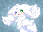 2016 abstract_background ambiguous_gender blue_eyes blush canid canine daww deaic fur green_eyes heterochromia kemono mammal open_mouth open_smile outline semi-anthro shaded smile solo white_body white_fur white_outline