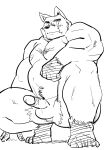 2024 anthro balls canid canine canis domestic_dog erection genitals hi_res humanoid_hands kemono male mammal monochrome moobs musclegut nipples penis simple_background solo ujishiyo white_background