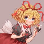  1girl 80isiiii bangs black_shirt blonde_hair blue_eyes blush bow bowtie breasts eyebrows_visible_through_hair frilled_shirt_collar frills grey_background hair_between_eyes hair_ribbon hands_up highres looking_at_viewer medicine_melancholy open_mouth puffy_short_sleeves puffy_sleeves red_bow red_bowtie red_ribbon red_skirt ribbon shirt short_hair short_sleeves simple_background skirt small_breasts solo su-san touhou wavy_hair 