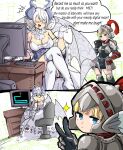  2girls absurdres armor blonde_hair breasts camera chair cleavage computer crossed_legs desk duel_monster english_text highres horns knight_(yu-gi-oh!) large_breasts lewdamone lovely_labrynth_of_the_silver_castle multiple_girls scary_maze_game sitting sketch_background speech_bubble v video_camera white_hair wings yu-gi-oh! 