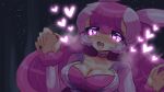  1girl :3 :d animal_ears blush breasts choker cleavage drooling fang fur-trimmed_sleeves fur_trim furrowed_brow hands_up heart heart-shaped_pupils large_breasts long_hair long_sleeves lovander murasakigezi naughty_face nose_blush open_mouth palworld personification pink_choker pink_hair purple_eyes saliva smile solo sweat symbol-shaped_pupils 